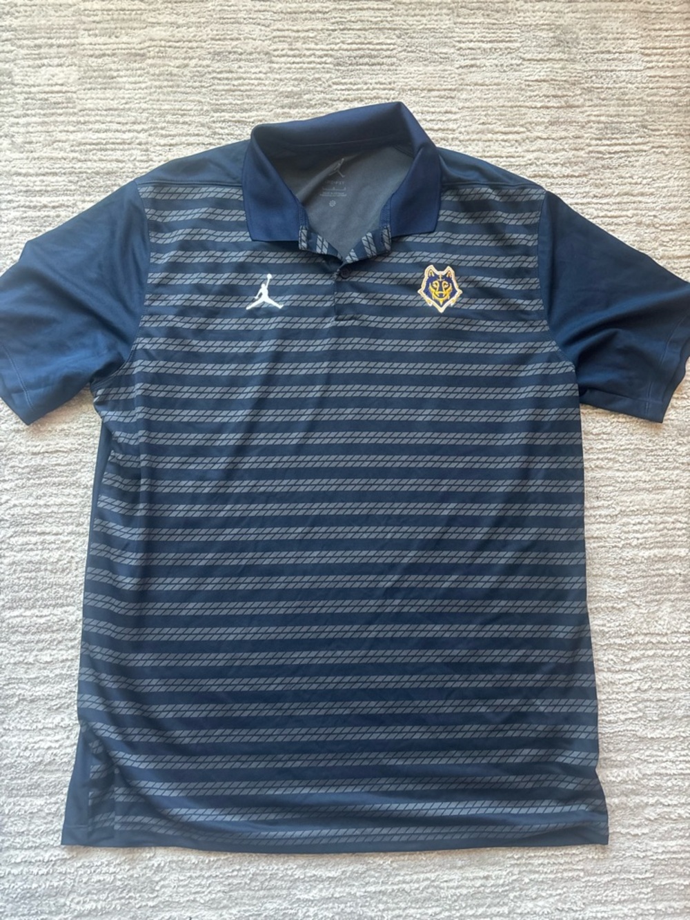 Jordan Navy and Gray Striped Polo with Jumpman and Wolf Patch